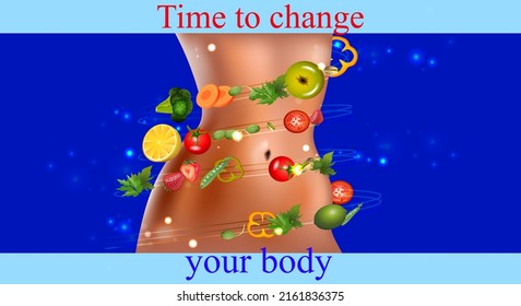 Es hora de cambiar tu cuerpo. El fin de la buena nutrición y la dieta. Hermosos torso y verduras
