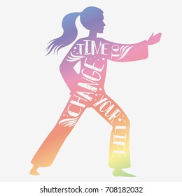 Time to change your life. Fitness vector illustration with female silhouette. Typography design with lettering. It can be used as a print for t-shirts and bags, logo or banner.