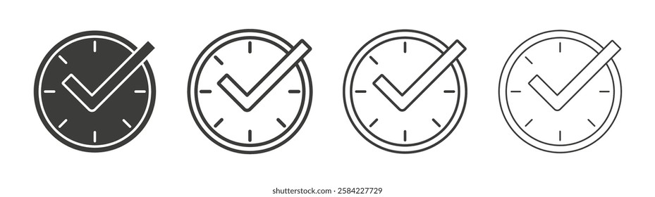 Time check icons set. Liner outlined and flat black color