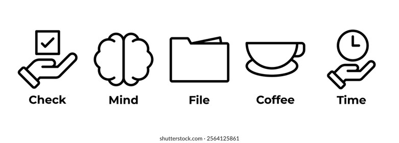 Time to Check Your Mind icon set vector illustration with icon of check, mind, file, coffe, and time