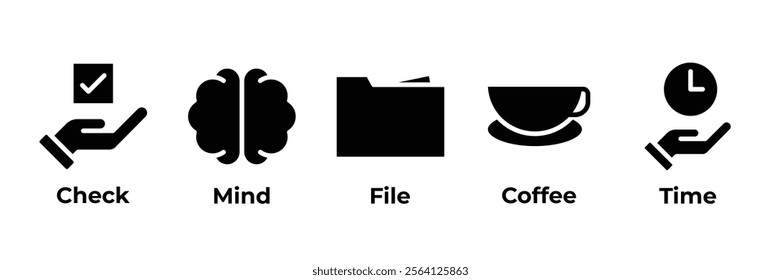 Time to Check Your Mind icon set vector illustration with icon of check, mind, file, coffe, and time