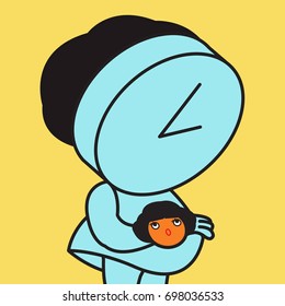 Time Checking concept, Young Business Woman Clock Shaped Face Head Looking  At Her Human Head Face Shaped Wrist Watch Concept Card Character illustration