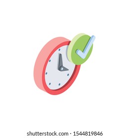 Time checkmark. Vector 3d isometric, color web icon, new flat style. Creative illustration design, idea for infographics.