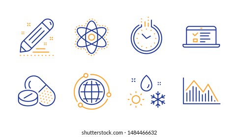 Time, Chemistry atom and Web lectures line icons set. Medical drugs, Globe and Weather signs. Brand contract, Investment graph symbols. Clock, Laboratory molecule. Science set. Line time icon. Vector