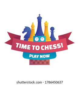 Time to chess, play now isolated sticker. Chess club label design with pieces, double clock and chessboard. Intellectual duel and tactical battle on chess board vector illustration.