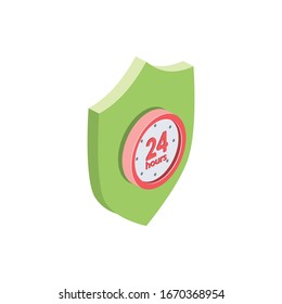 Time clock 24 hours security shield. Vector 3d isometric, color web icon, new flat style. Creative illustration design, graphic idea for infographics.