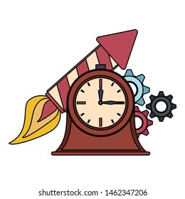 time clock antique classic style watch alarm with gears and rocket taking off cartoon vector illustration graphic design