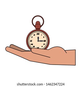 time clock antique classic style watch alarm over hand cartoon vector illustration graphic design