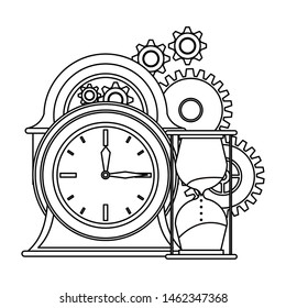 time clock antique classic style watch alarm with gears and hourglass cartoon vector illustration graphic design