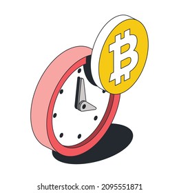 Time clock, bitcoin coin. Vector 3d line isometric, color web icons, new flat style. Creative illustration, design idea for infographics.