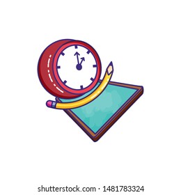 time clock with board classroom and pencil