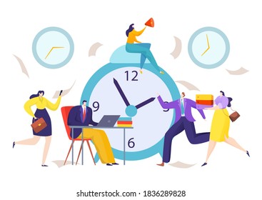 Time at clock for business deadline, vector illustration. Flat countdown for cartoon team concept, people near hour timer at office. Alarm watch and graphic manager, stress job style.