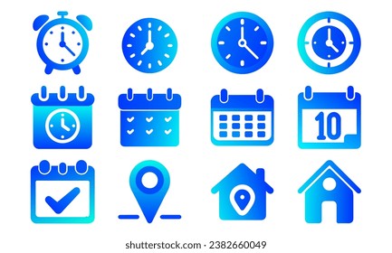 Zeit-, Uhr-, Kalender-, Ort- und Home-Konzept-Farbverlauf-Symbole einzeln auf weißem Hintergrund, flache Vektorgrafik.