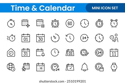 Tempo, relógio e calendário relacionados ícone de linha definido. coleção de ilustração ícone de linha moderno