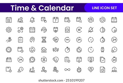 Conjunto de iconos de línea relacionados con la hora, el reloj y el calendario. colección de ilustración de iconos de línea moderna