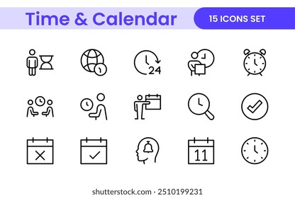 Conjunto de iconos de línea relacionados con la hora, el reloj y el calendario. colección de ilustración de iconos de línea moderna