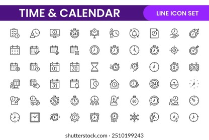 Conjunto de iconos de línea relacionados con la hora, el reloj y el calendario. colección de ilustración de iconos de línea moderna