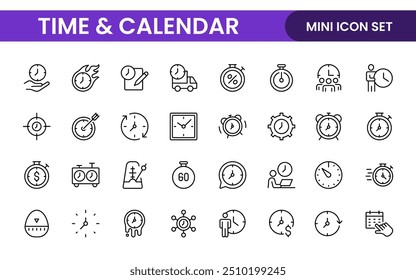 Conjunto de iconos de línea relacionados con la hora, el reloj y el calendario. colección de ilustración de iconos de línea moderna