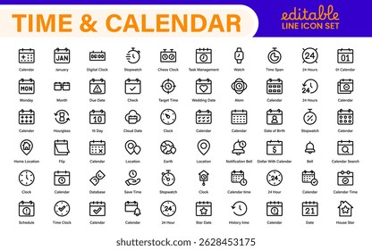 Tempo, relógio e calendário relacionados ícone de linha definido. coleção de ilustração ícone de linha moderno