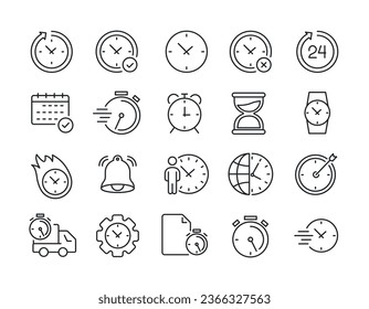 Iconos de línea delgada de calendario, hora, reloj. Para diseño de marketing de sitios web, logotipo, aplicación, plantilla, ui, etc. Ilustración vectorial.