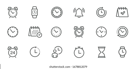 Iconos de tiempo y reloj, calendario, línea de temporizador. Conjunto de iconos lineales vectoriales - vector de stock.