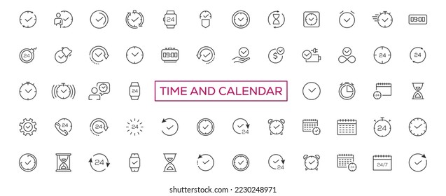 Time and clock, calendar, timer line icons. Vector linear icon set
