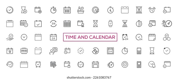 Time and clock, calendar, timer line icons. Vector linear icon set