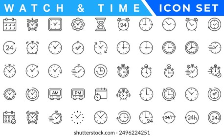 Time and clock, calendar, timer line icons. Vector linear icon set.