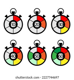 Time clock. cartoon stopwatches set. chronometers with different times. Vector illustration. stock image.
