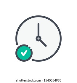 Time and clock with check button color line icon. Watch and time management vector outline colorful sign.