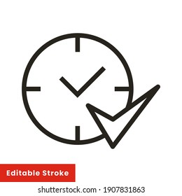 Reloj de tiempo con diseño de ilustración vectorial de icono de estilo de línea de símbolo de comprobación. EPS10 de trazo editable