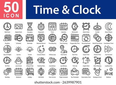 Time and Clock  Collection of Icons with Outline Style Containing: Wall Clock,Digital Clock,Hourglass,Stopwatch,Timer,Calendar,Wristwatch,Alarm Clock,Sundial,Moon Phases,Deadline,Schedule,Reminder