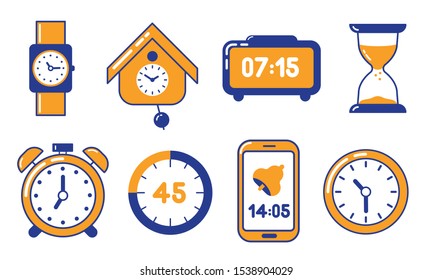 Time and clock color icon set. Watch and timer orange and blue symbols collection.