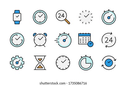 Time and clock color linear icons vector symbol set. Collection of time, clocks, timer, control, speed, alarm clock, calendar. Colorful icon set for websites and mobile phones white background.