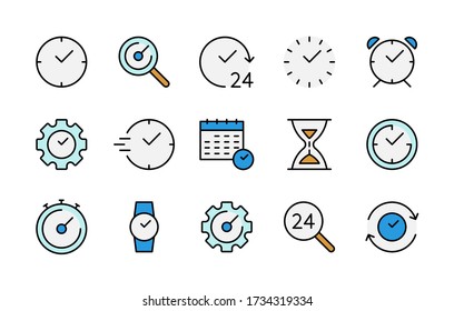 Time and clock color linear vector icons set. Time management. Alarm clock, timer, speed, clock, stopwatch, time management, calendar and much more. Isolated collection colorful icons for web sites.