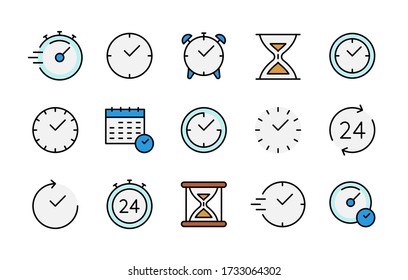 Time and clock color vector linear icons set. Time management. Timer, speed, alarm, recovery, time management, calendar and more. Isolated collection of time for web sites icon on white background. - Shutterstock ID 1733064302
