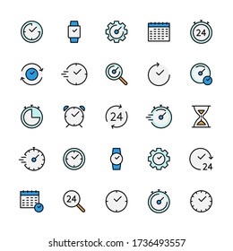 Time and clock color vector related linear icons set. Time management. Calendar, time, date, countdown, timer and more. Icon set for websites and mobile phones white background. Vector symbol set.
