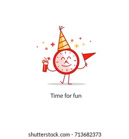 Time clock with cone hat, cocktail and flag in hands, waving and smiling. Birthday party, friday night. Midnight countdown. Entertainment services. Happy hour concept. Flat design vector illustration