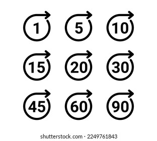 Time and clock, countdown timer of circle arrow with number icon set. Sign one minute, five, ten, fifteen or more minutes. Circular loop indicates deadline or cooking time. Vector illustration