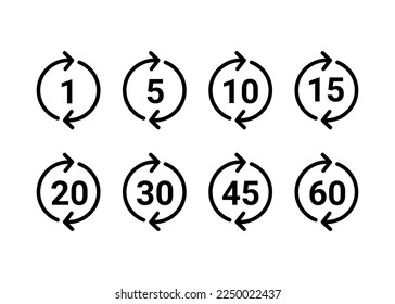 Time and clock, countdown timer of circle arrow with number icon set. Sign one minute, five, ten, fifteen or more minutes. Circular loop indicates deadline or cooking time. Vector illustration