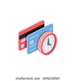 Time clock and credit cards. Vector 3d isometric, color web icon, new flat style. Creative illustration design, isolated graphic idea for infographics.