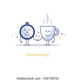 Time clock and cup of tea or coffee in the morning. Wake up hour, lunch time. Happy hour concept. Flat design vector illustration