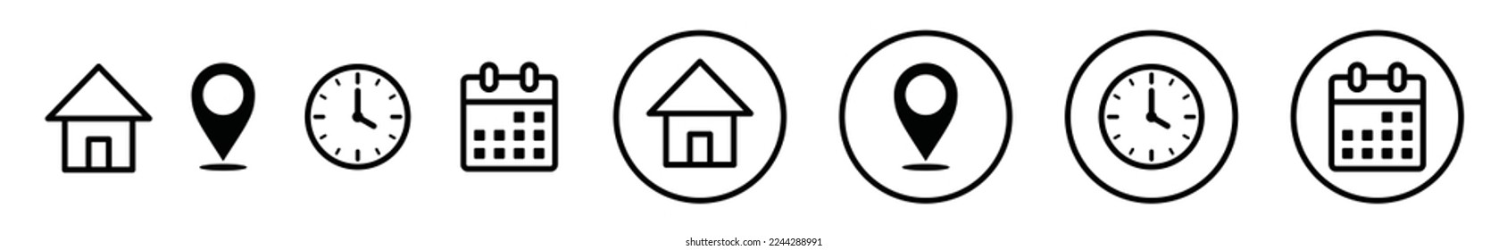 Tiempo o reloj, fecha o calendario, mapa de pines y vector de icono de dirección.  Juego de iconos de programación de citas. Icono de elemento de evento, ilustración de símbolo