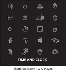 Time and clock editable line icons vector set on black background. Time and clock white outline illustrations, signs, symbols