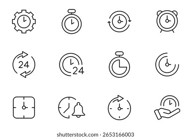  Tempo e Relógio Editável Traçado Linha Ícones Ilustração vetor no estilo de linha fina moderna de relógio ícones relacionados