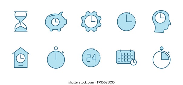 time and clock flat vector icons in two colors isolated on white background. time and clock blue icon set for web design, ui, mobile apps and print