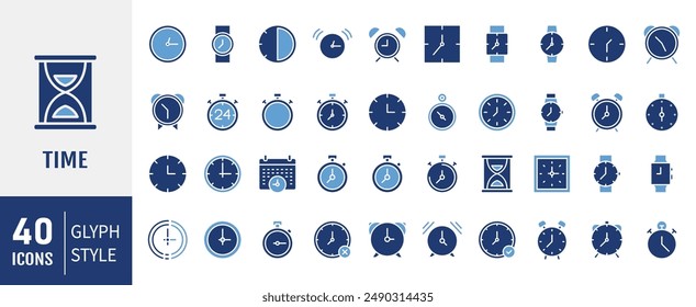 Iconos de glifo Hora y reloj. Watch, Timer, Date, Current time Vector linear icon set.