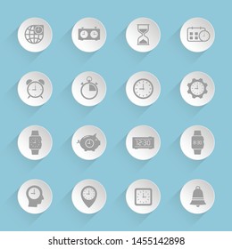 time clock gray vector icons on round puffy paper circles with transparent shadows on blue background for web, mobile and user interface design