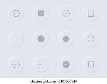 time clock gray vector icons on round rubber buttons. time clock icon set for web, mobile apps, ui design and promo business polygraphy