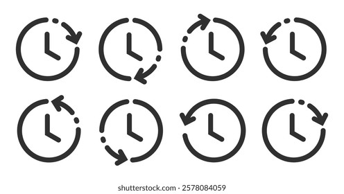 Time clock history back arrow ui interface icon vector graphic element set, reverse timer line outline stroke, past period interval stopwatch sign symbol simple pictogram, rotation backward clip art